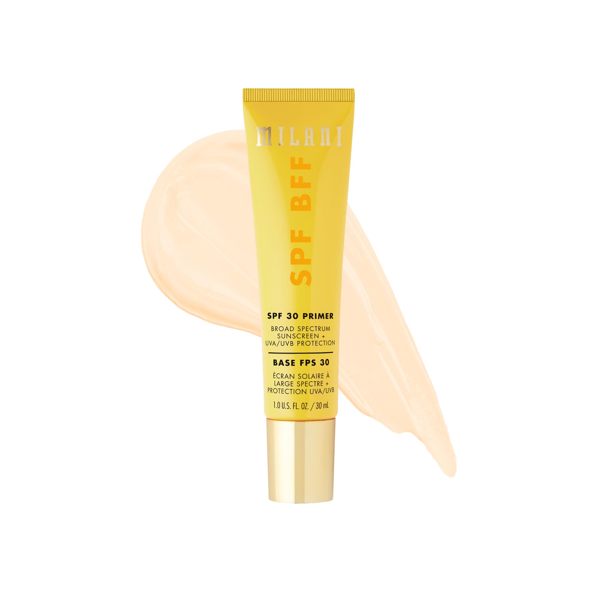 Milani front packaging showing SPF BFF primer benefits and clean design