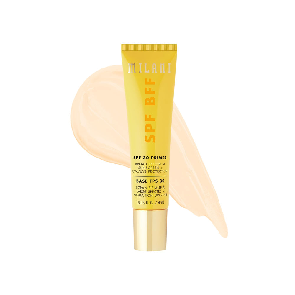 Milani front packaging showing SPF BFF primer benefits and clean design