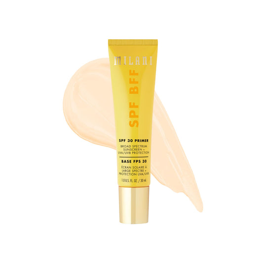 Milani front packaging showing SPF BFF primer benefits and clean design