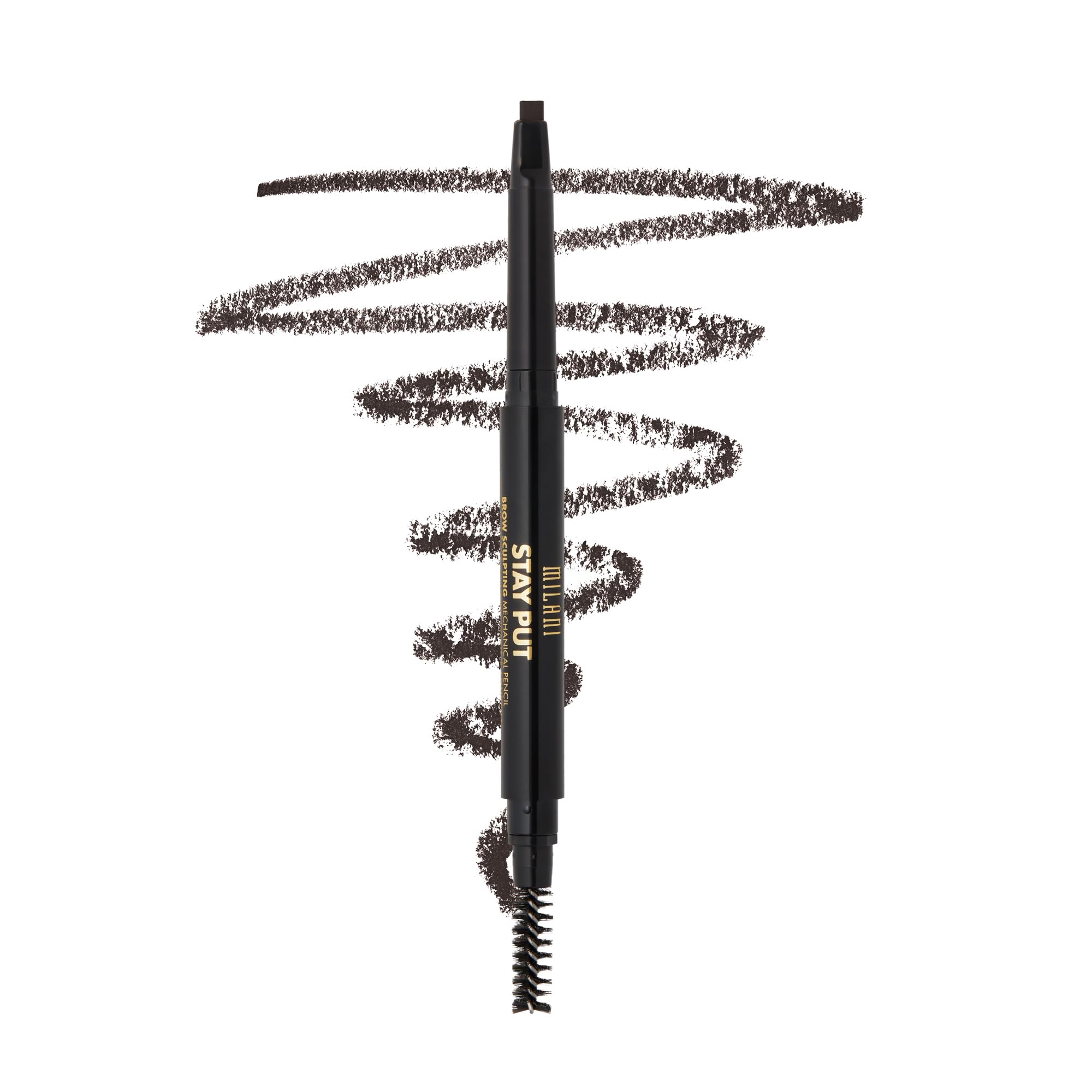 Milani brow pencil front view showing sleek packaging and shade Espresso benefit precise application