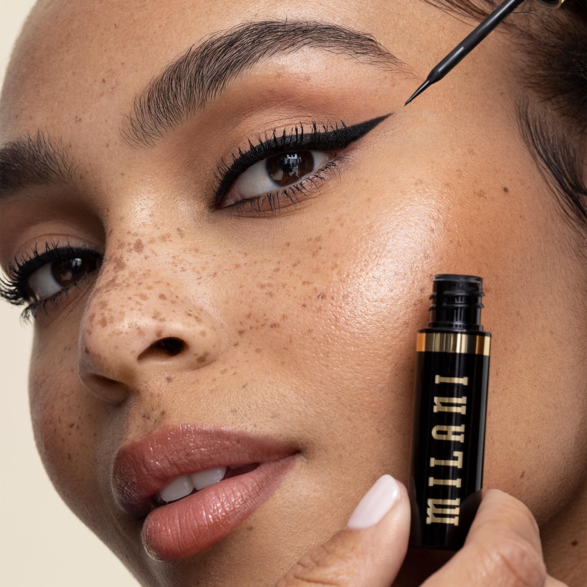 Milani eyeliner applied as a wing on eye demonstrating sharp definition and durability benefit