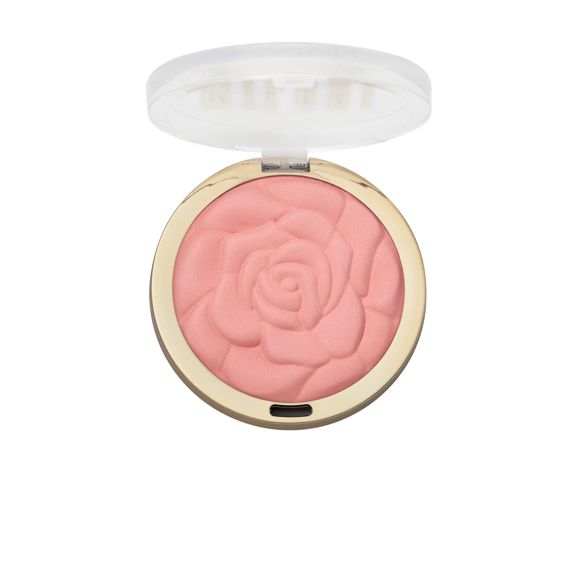 Milani Tea Rose beside a makeup bag showing travel-ready convenience