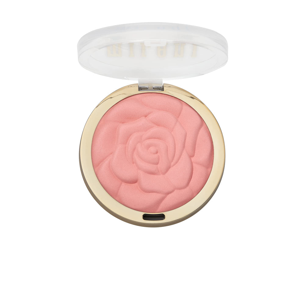 Milani Tea Rose beside a makeup bag showing travel-ready convenience