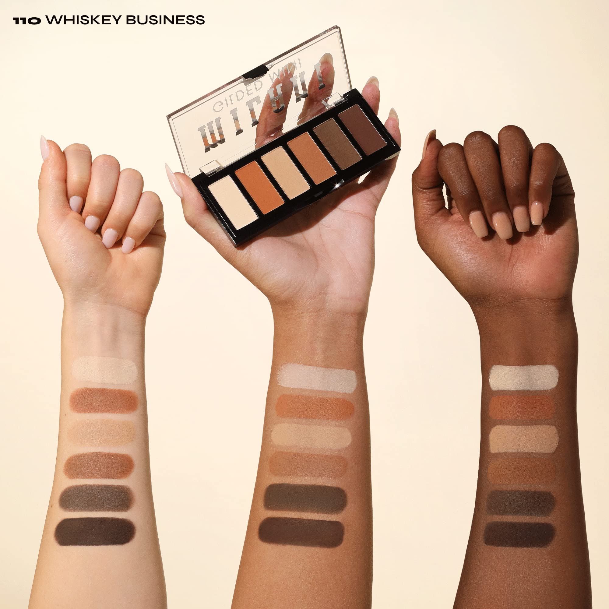 Milani swatch strip on arm showing payoff of mattes and shimmers for color reference