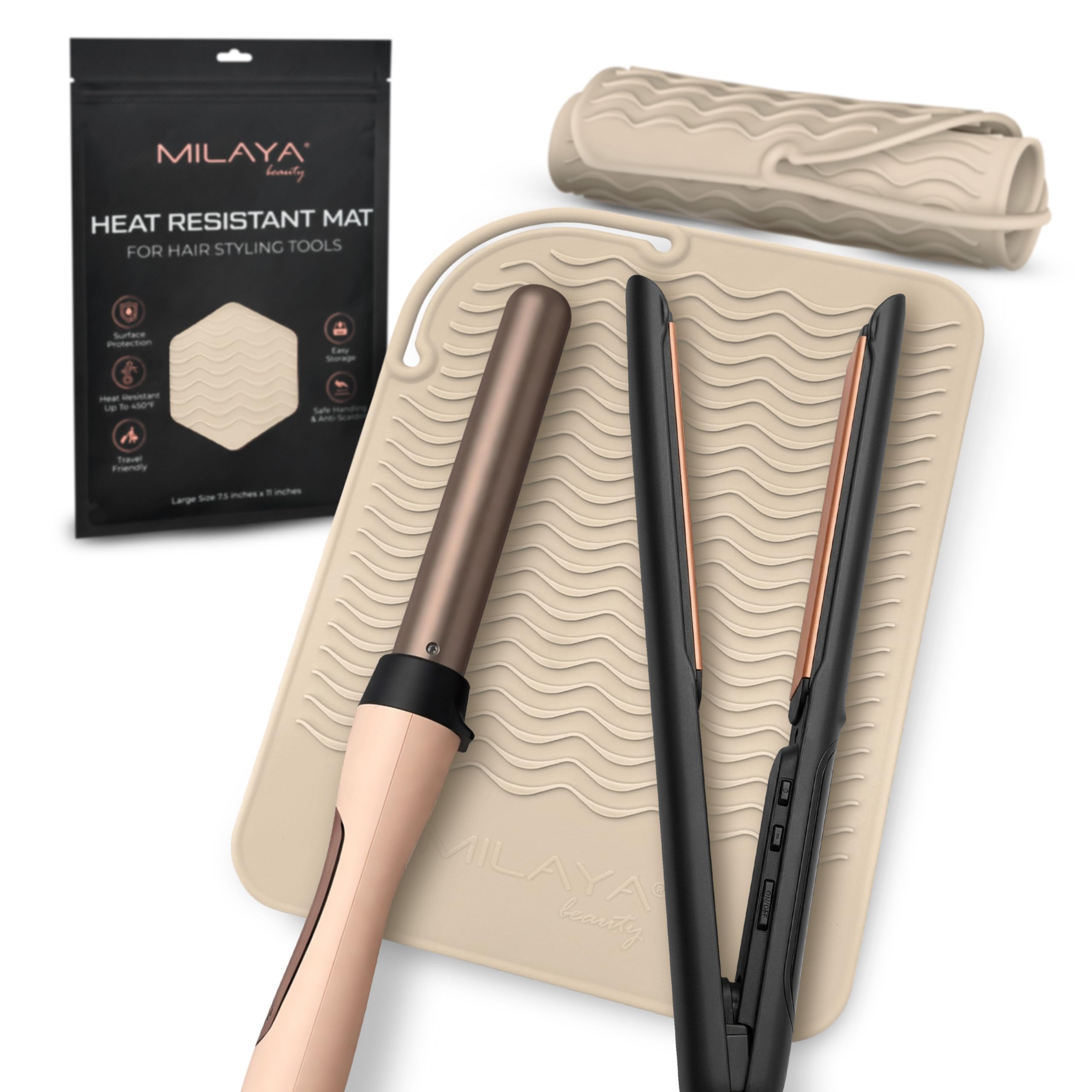 Milaya Beauty front view of silicone mat protecting countertop