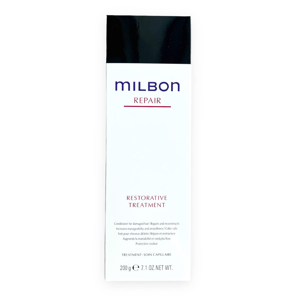 Milbon front packaging showing bottle and size, professional restorative benefit