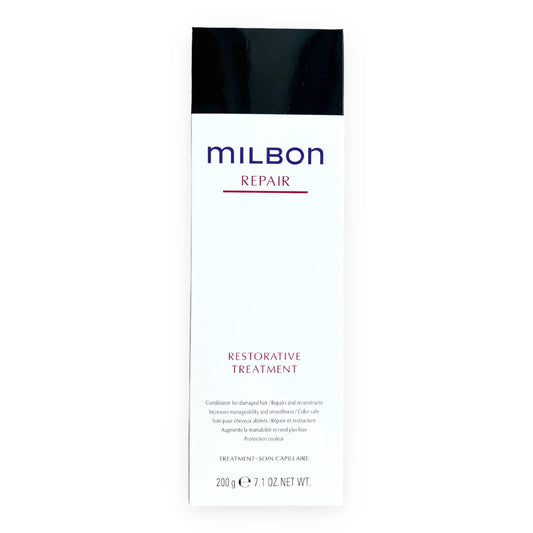 Milbon front packaging showing bottle and size, professional restorative benefit