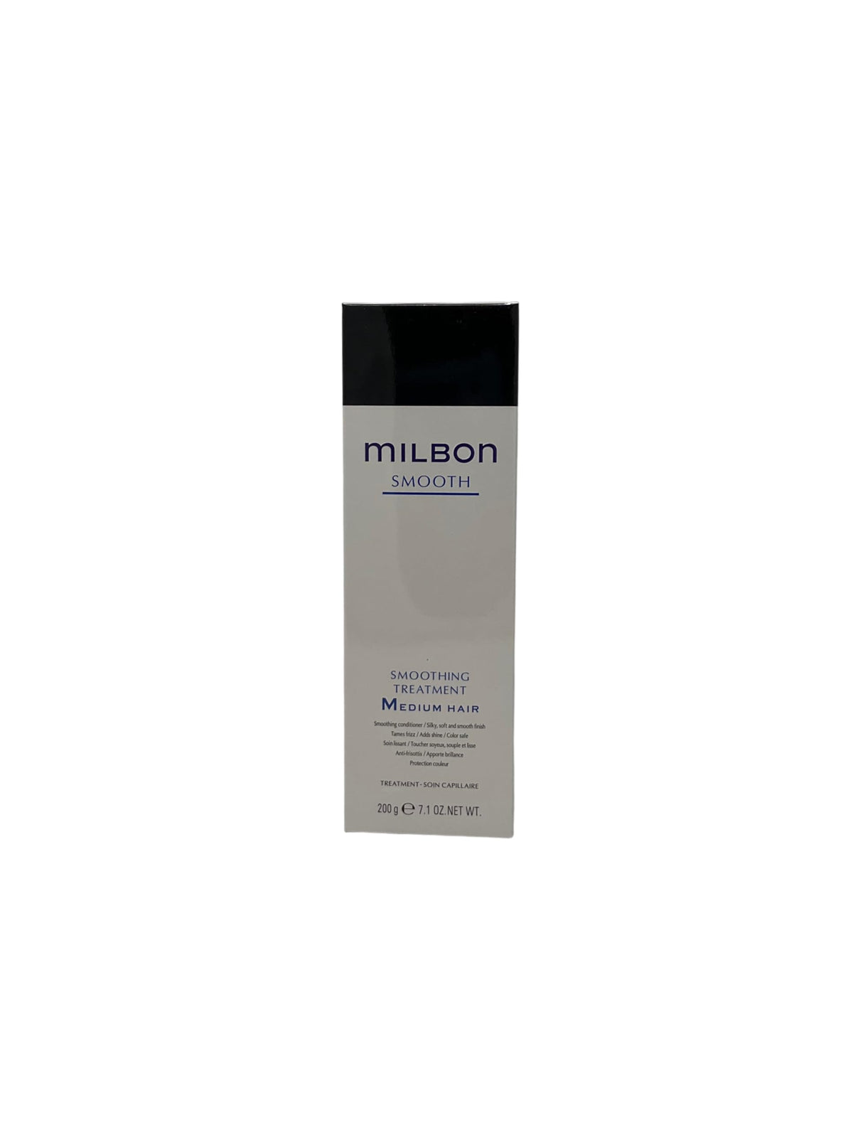 Milbon bottle front packaging shows label and size, communicates professional smoothing benefits
