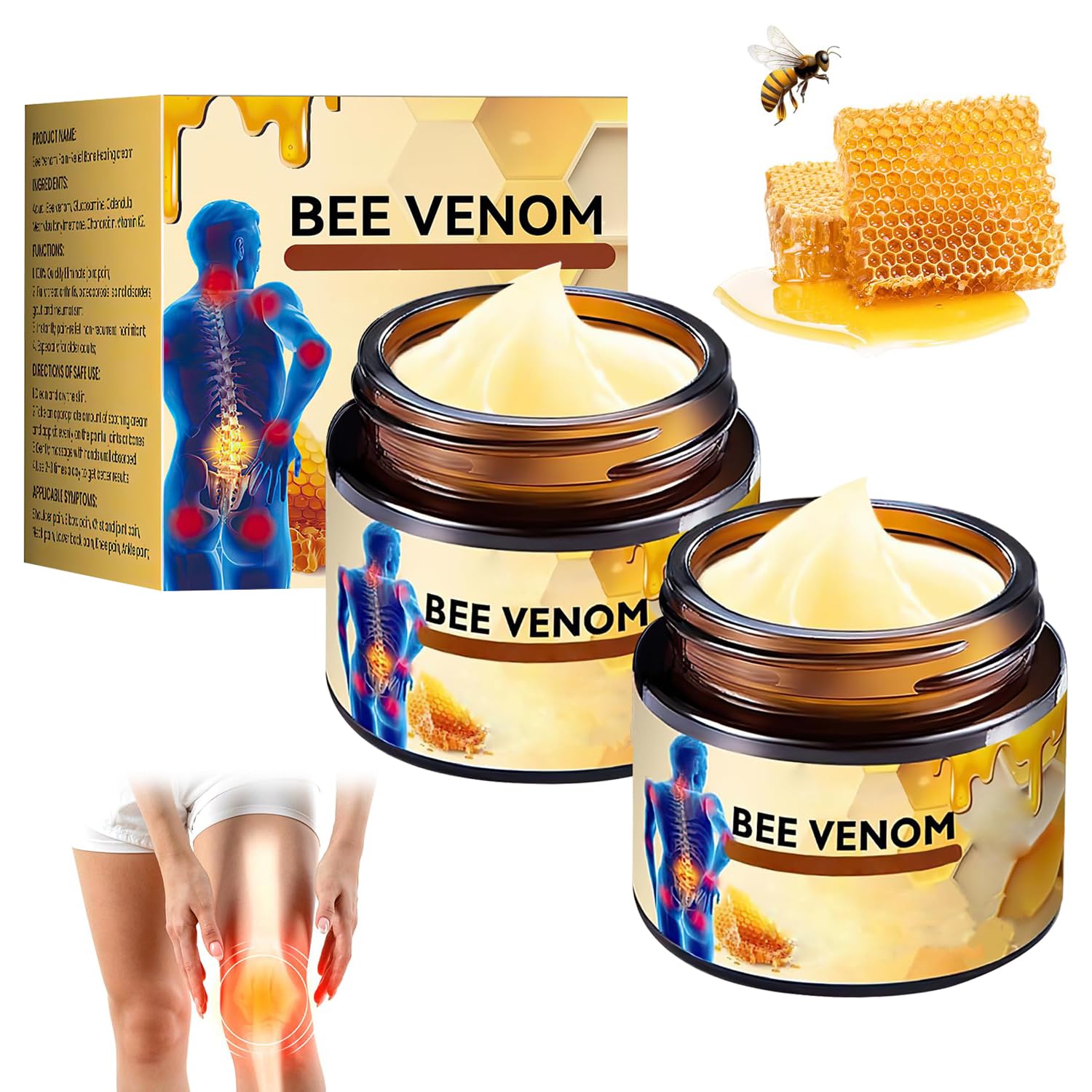 MILEDY front packaging showing two bee venom cream jars, convenient value