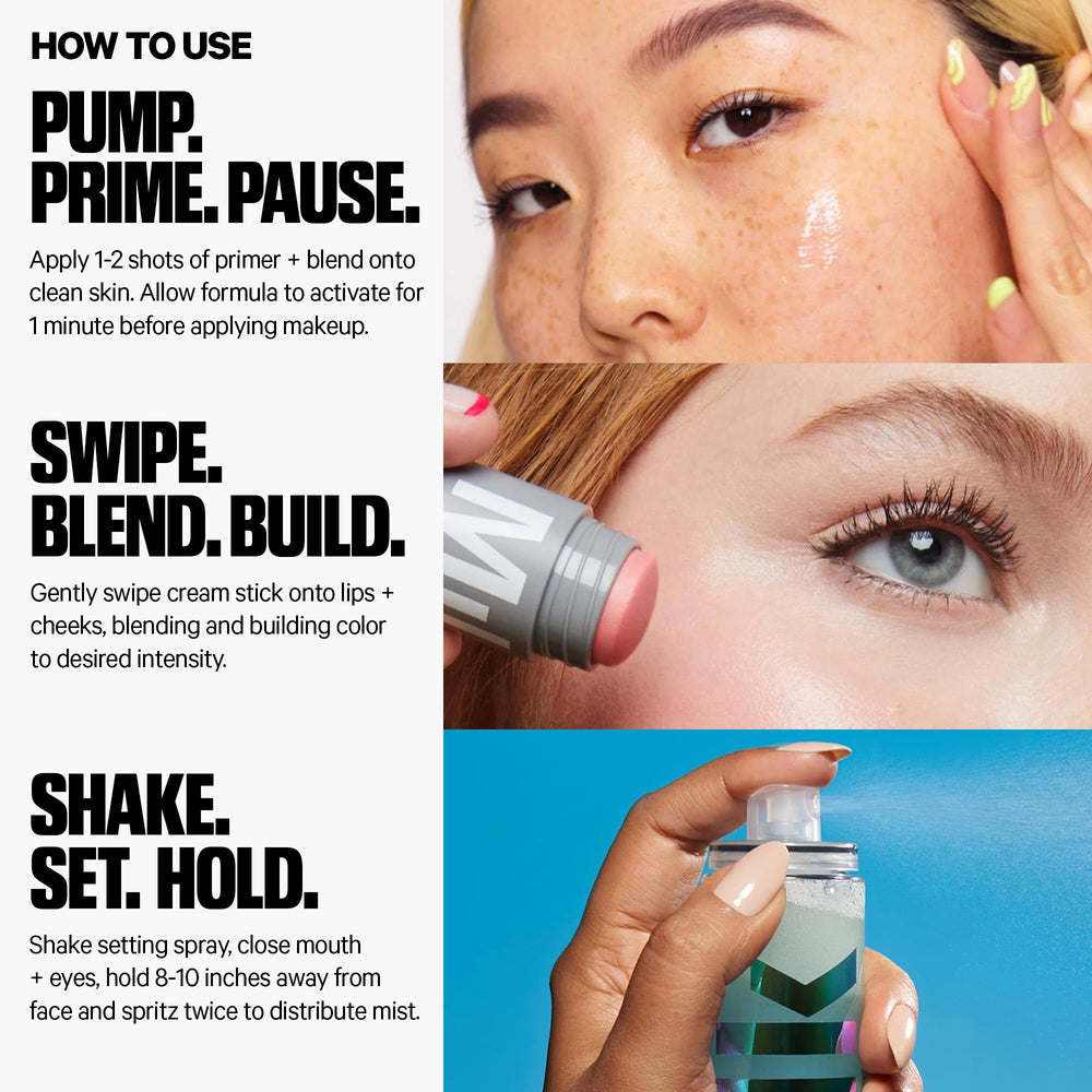Milk Makeup Hydro Grip Set spray misting on face for instant refresh