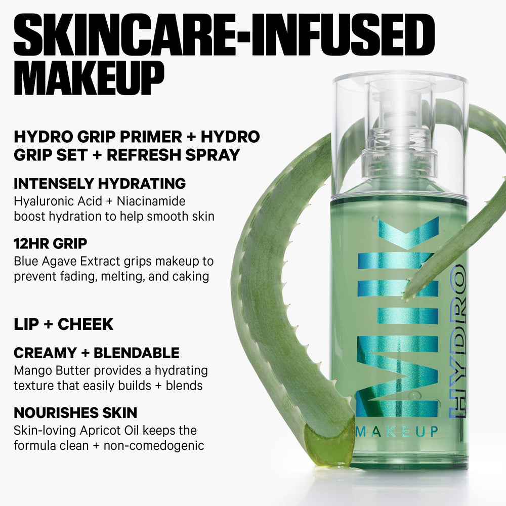 Milk Makeup flatlay inside morning bag showing quick-touch benefits
