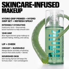 Milk Makeup flatlay inside morning bag showing quick-touch benefits