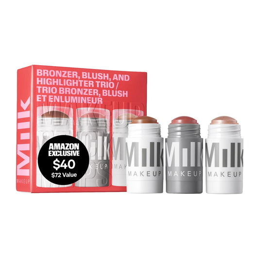 Milk Makeup trio front packaging showing bronzer blush and highlighter benefits
