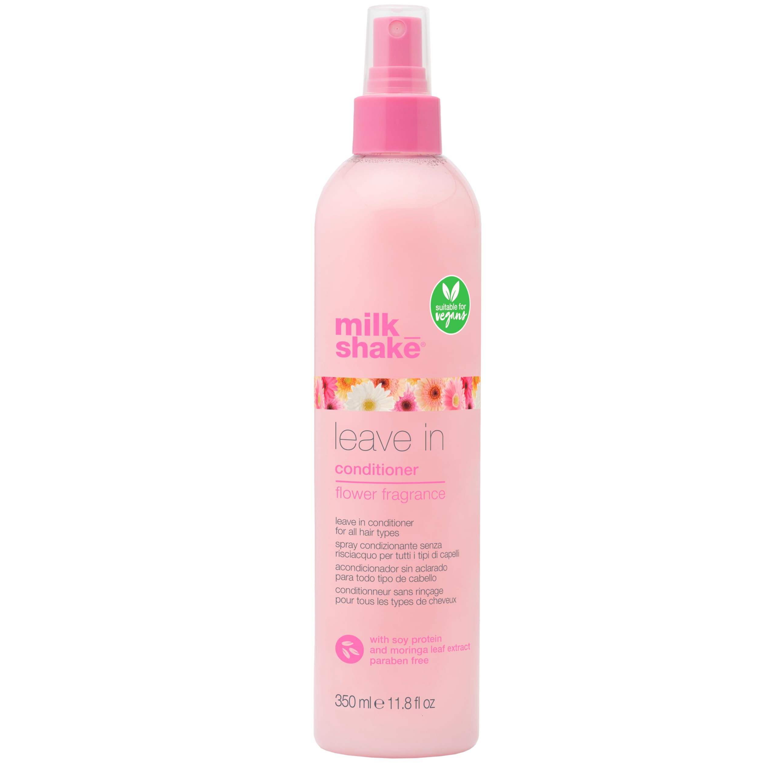 milk_shake front spray bottle showing product and size with clear labeling benefit: quick detangling