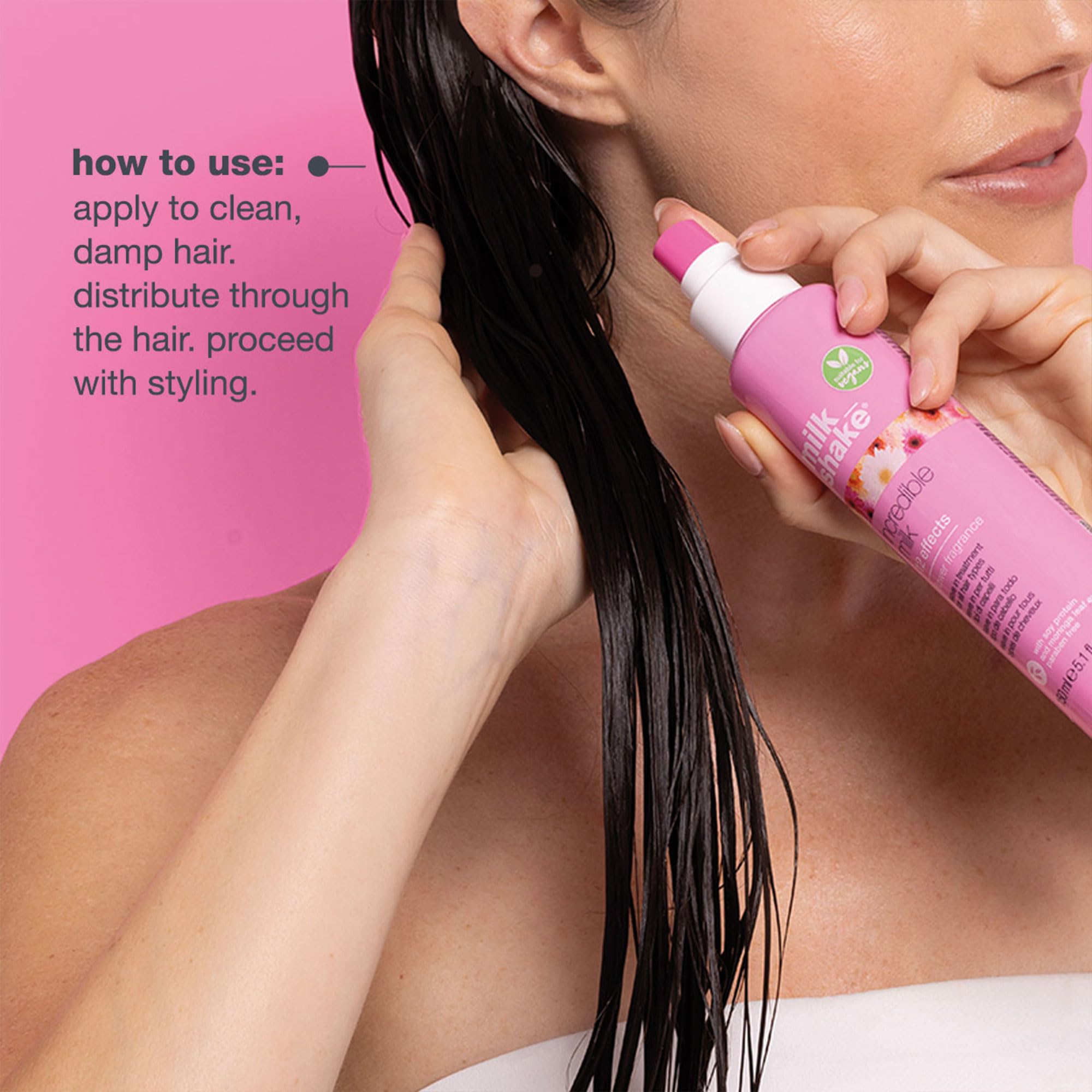 milk_shake being sprayed on damp hair to detangle and prep for styling
