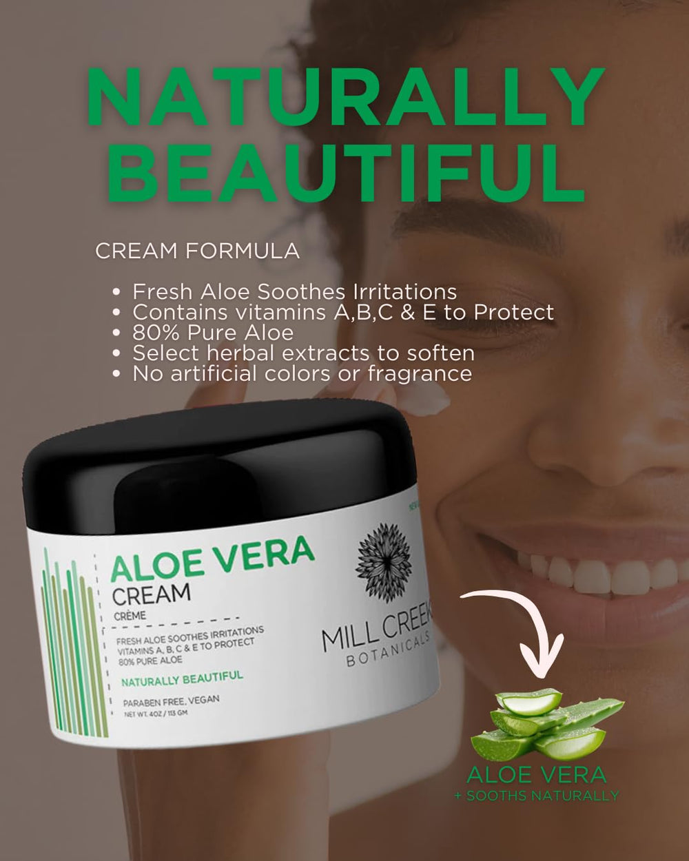 Mill Creek aloe vera cream on bathroom shelf suggesting daily use benefits