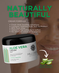 Mill Creek aloe vera cream on bathroom shelf suggesting daily use benefits