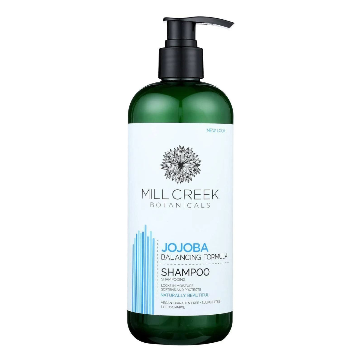 Mill Creek jojoba shampoo front label showing volume and benefits for balanced hydration