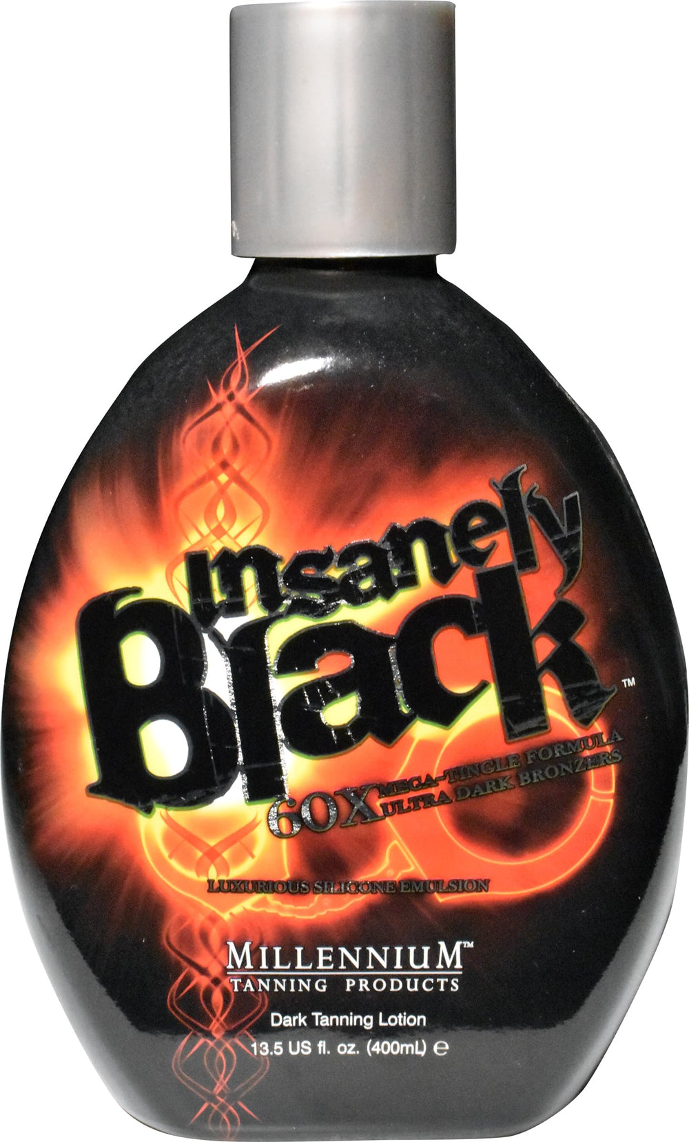 Millennium Tanning label close-up showing active bronzers and tingle