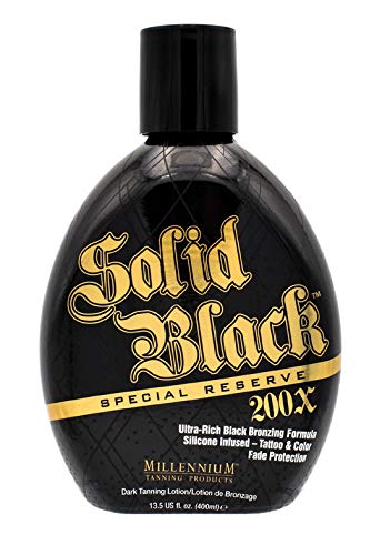 Millennium Solid Black back label with ingredients and usage instructions for safe tanning