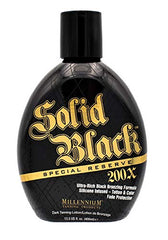 Millennium Solid Black back label with ingredients and usage instructions for safe tanning