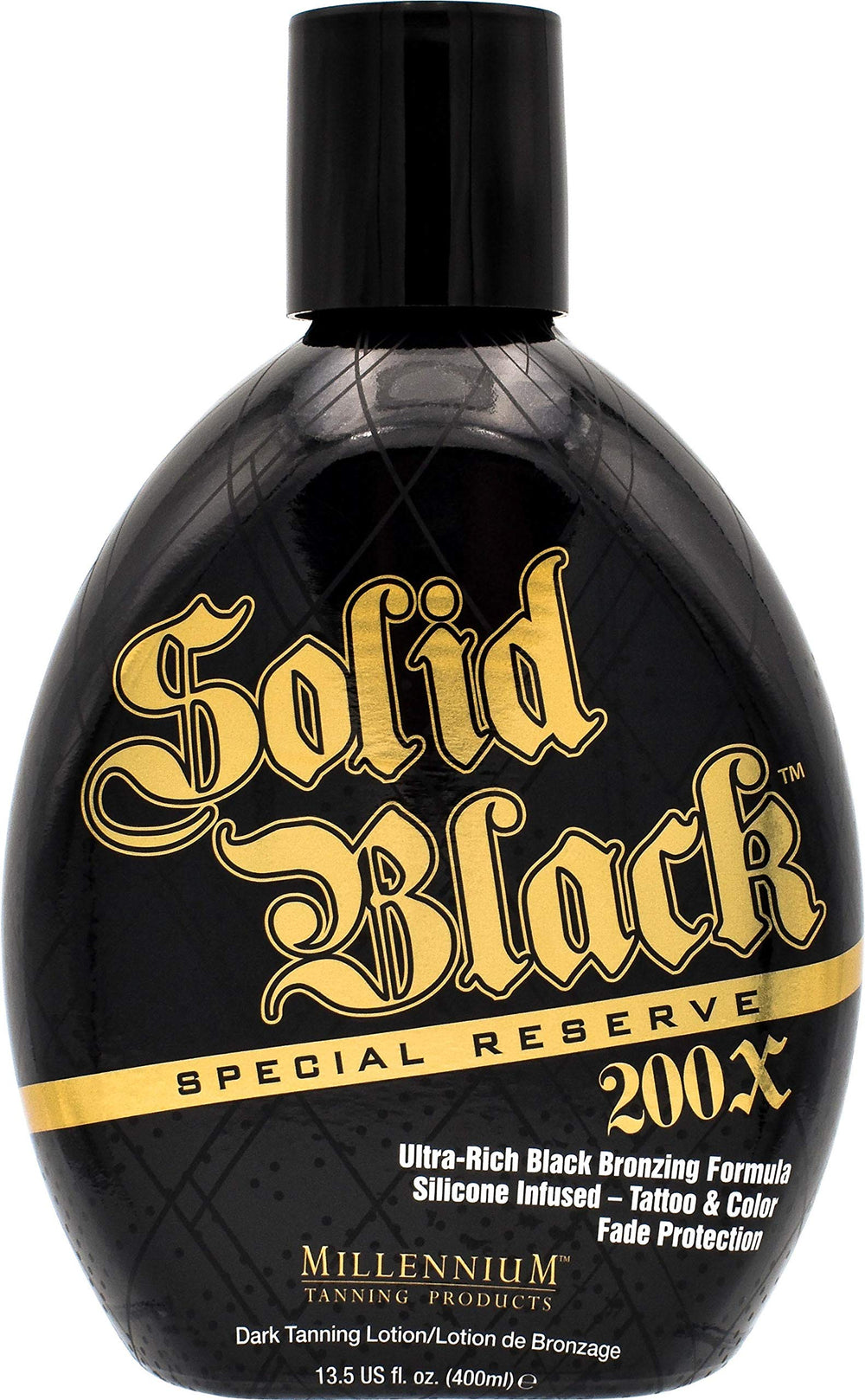 Millennium Solid Black front label showing product brand and bold bronzer benefits