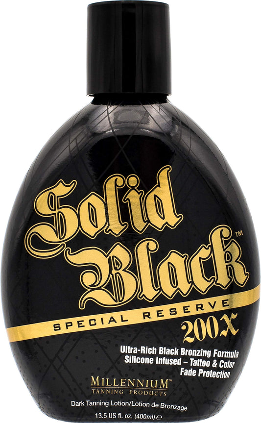 Millennium Solid Black front label showing product brand and bold bronzer benefits