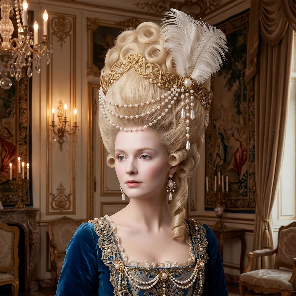 Milovgvset attached to blonde beehive wig demonstrating period silhouette