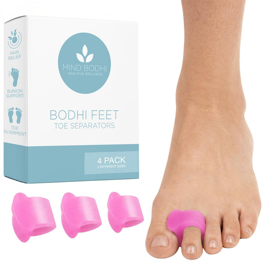 MIND BODHI HEALTH & WELLNESS front packaging showing pink toe separators and benefits