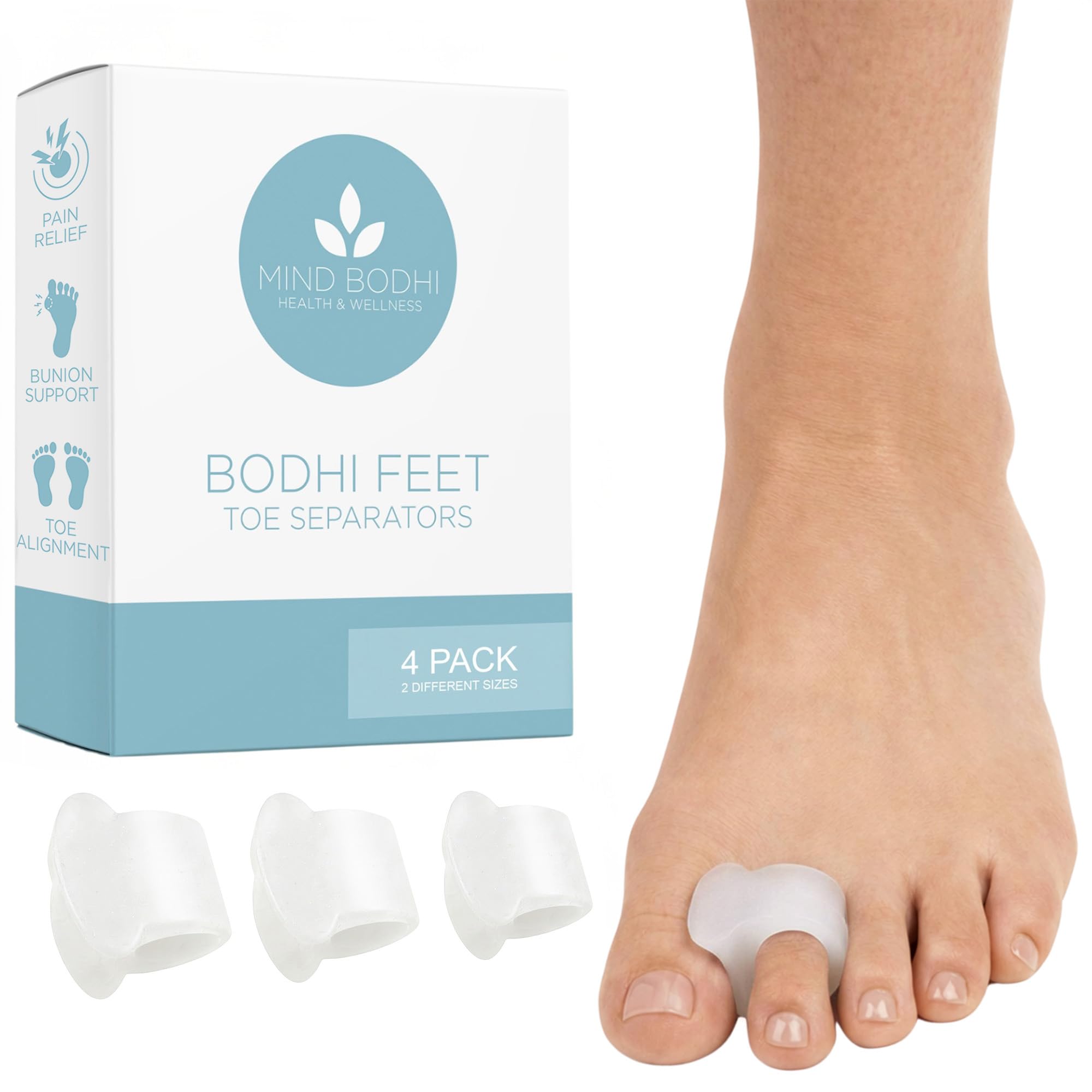 Mind Bodhi front pack view showing toe separators and clear packaging benefit