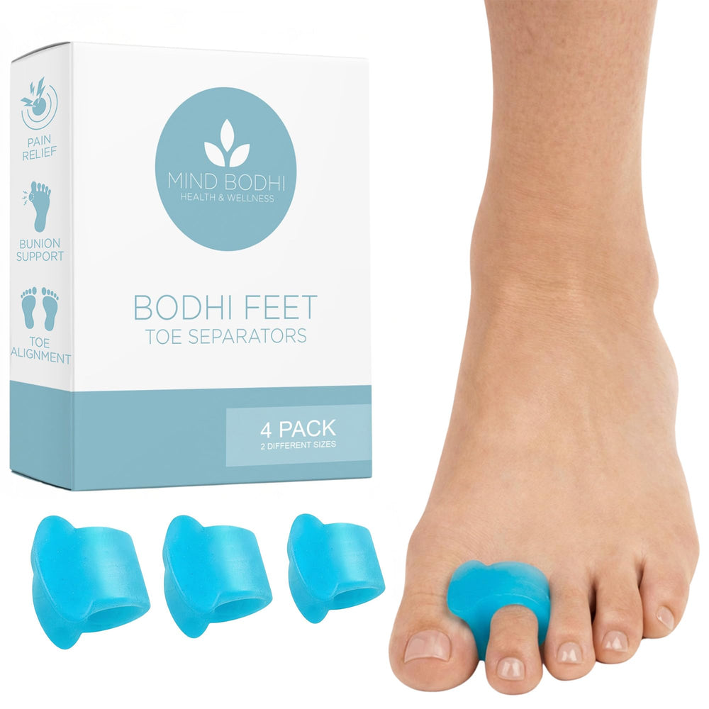 Mind Bodhi front packaging showing four blue toe separators and benefits