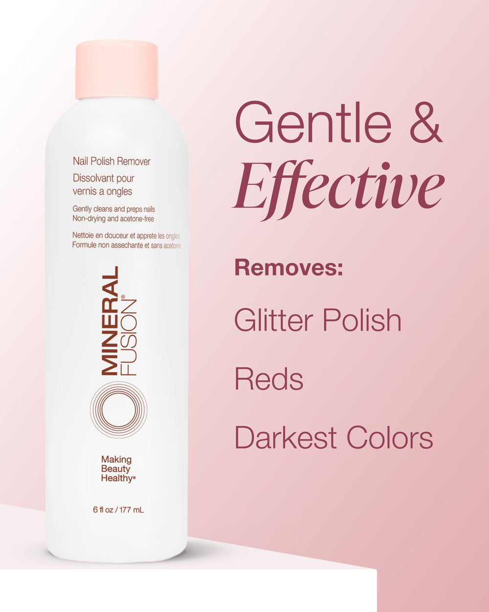 Mineral Fusion soaked cotton pad on nail for easy press-and-wipe application