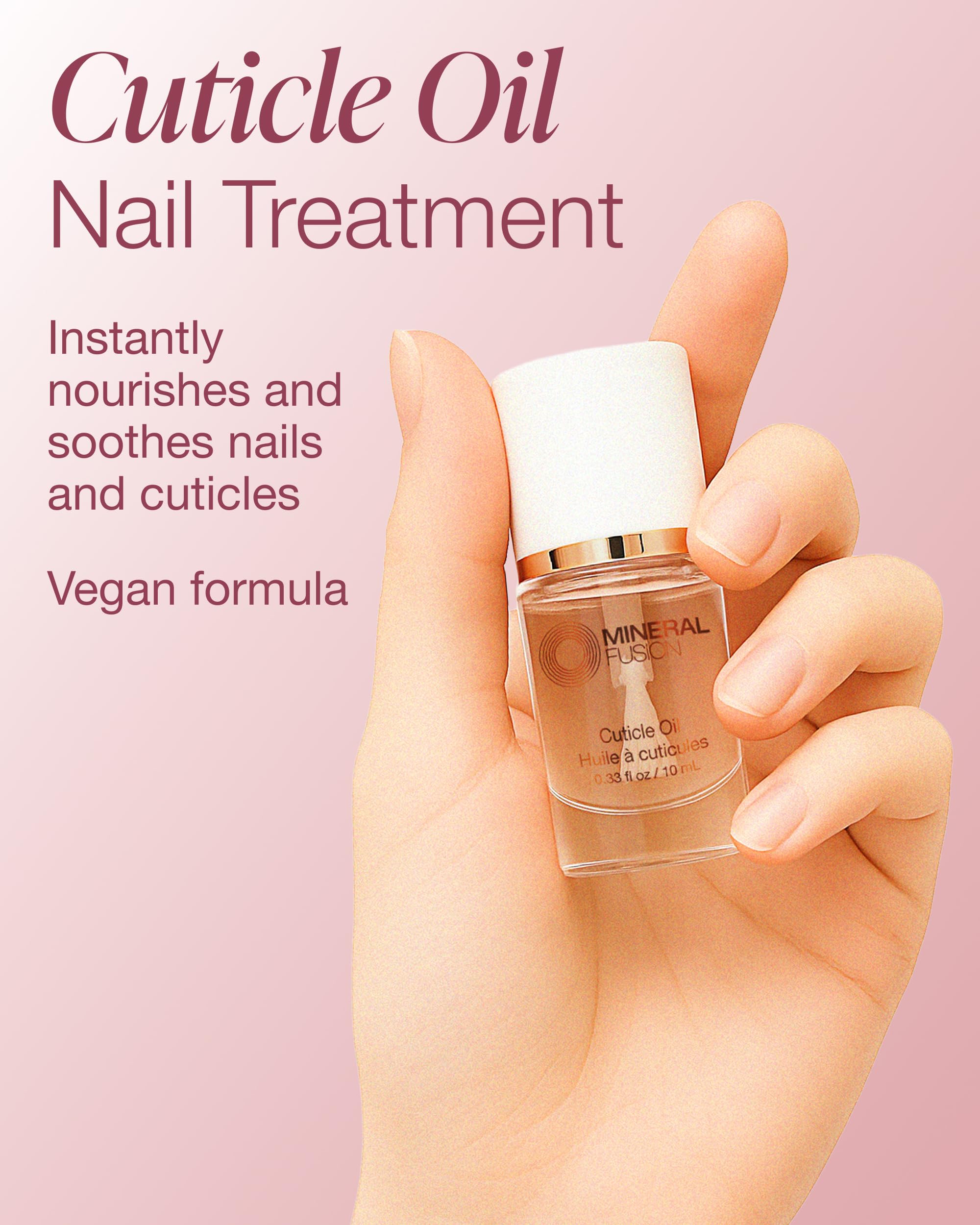 Mineral Fusion dropper detail dispensing oil onto fingernail to aid quick, precise application