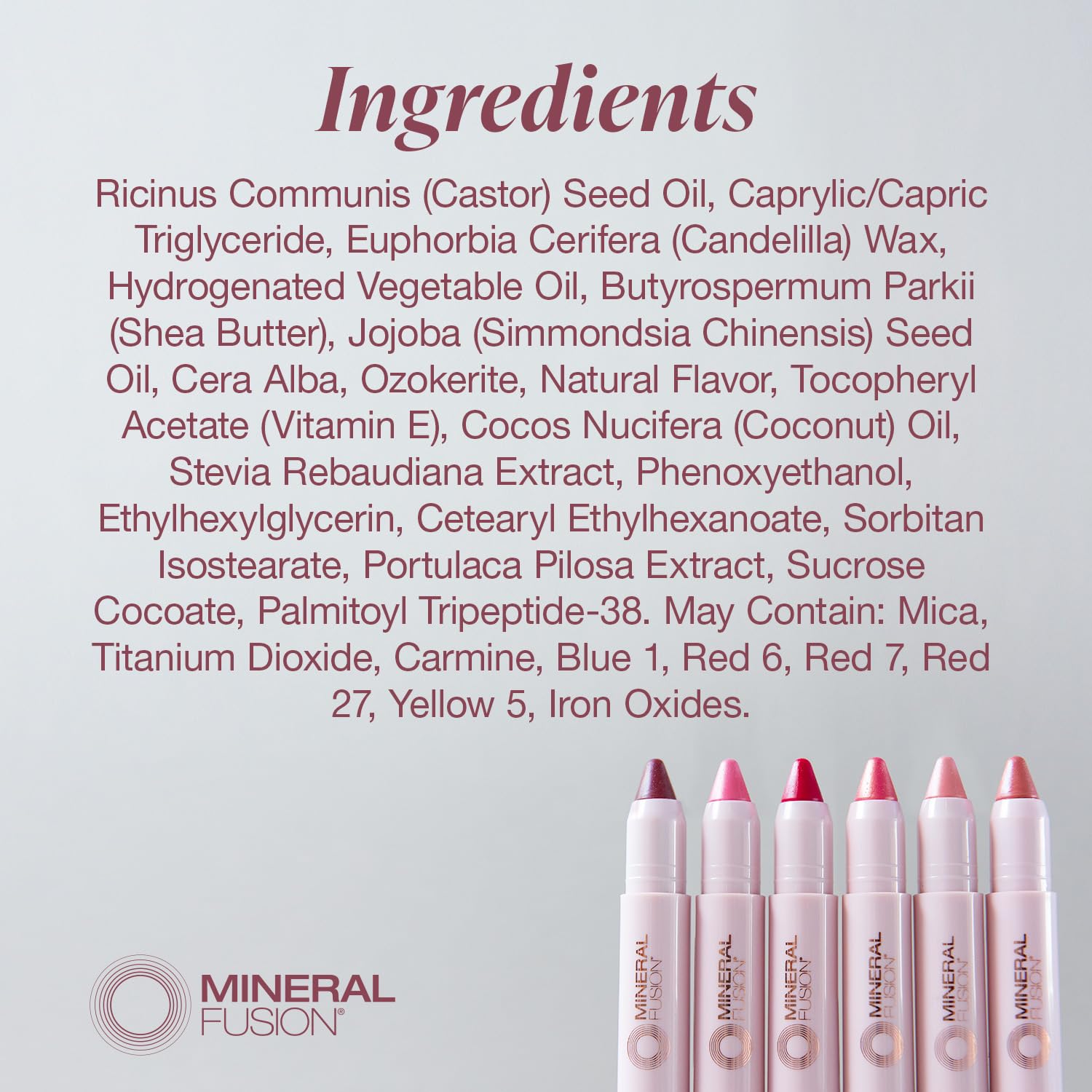Mineral Fusion ingredients label detailing clean, hypo-allergenic formula
