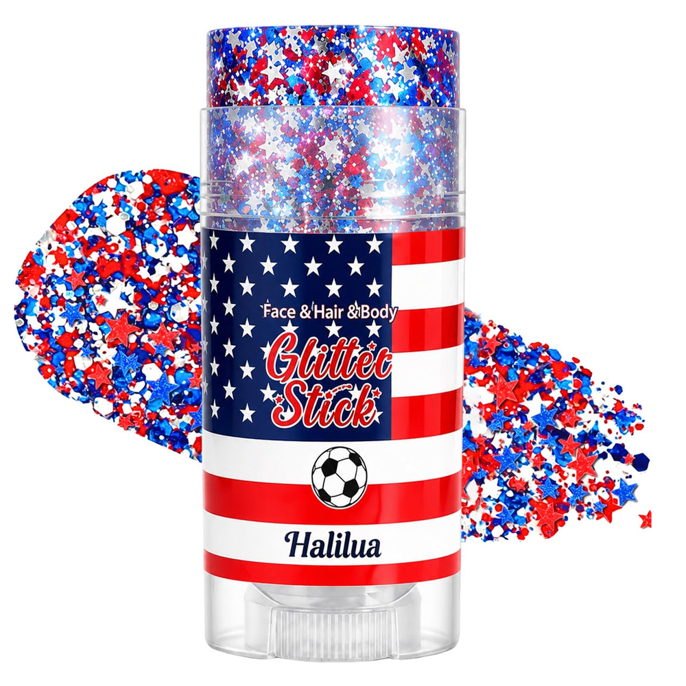 Minfei glitter stick front packaging showing patriotic colors and benefit of fast application