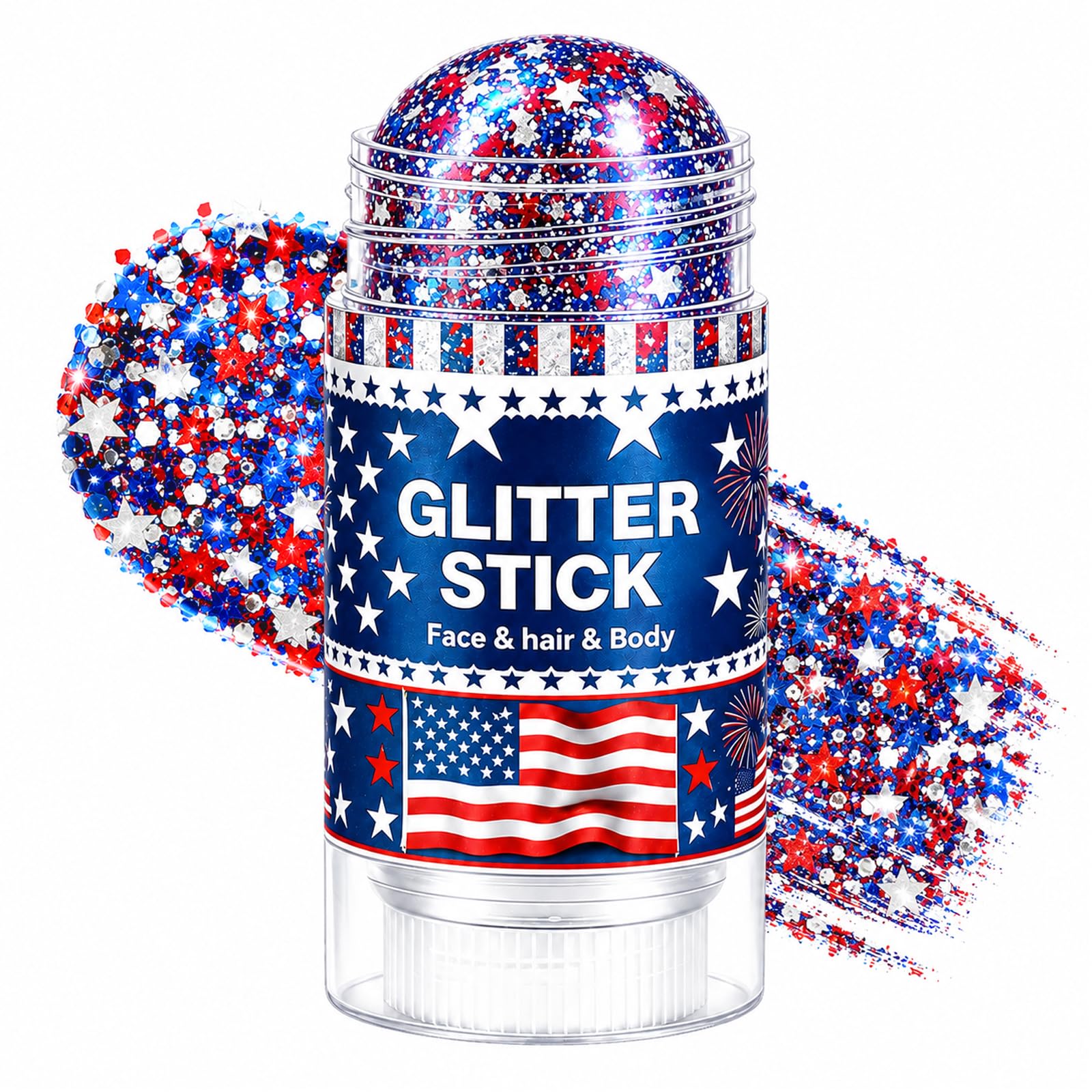 Minfei glitter stick front packaging showing patriotic red white blue design and stars