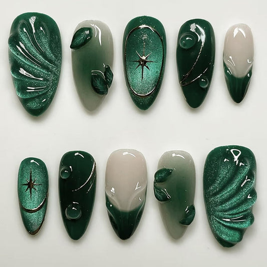 MINGCHUN front packaging showing glitter green almond tips and benefits