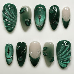 MINGCHUN front packaging showing glitter green almond tips and benefits