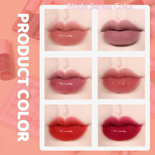 Miniling six lip gloss tubes lined up, shows shade variety and portability