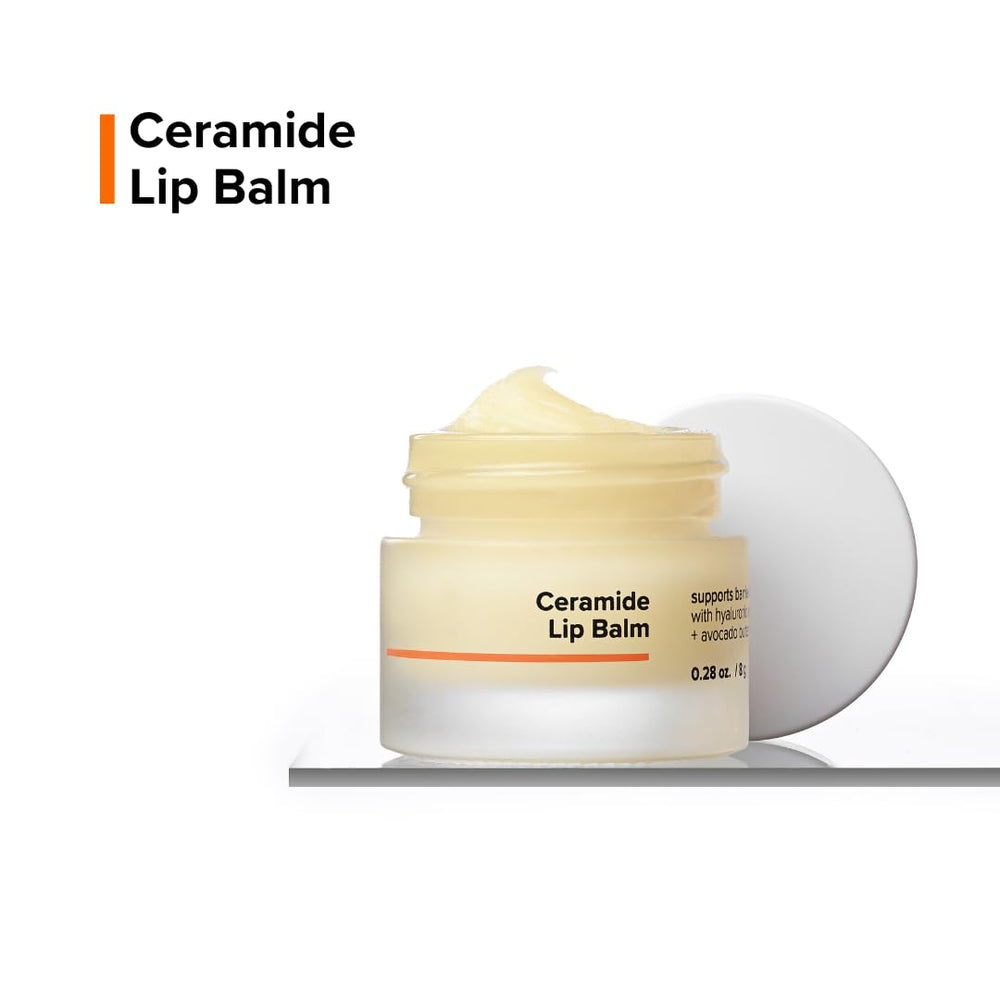 Minimalist ceramide lip balm nightstand styling beside pillow suggesting overnight restorative use