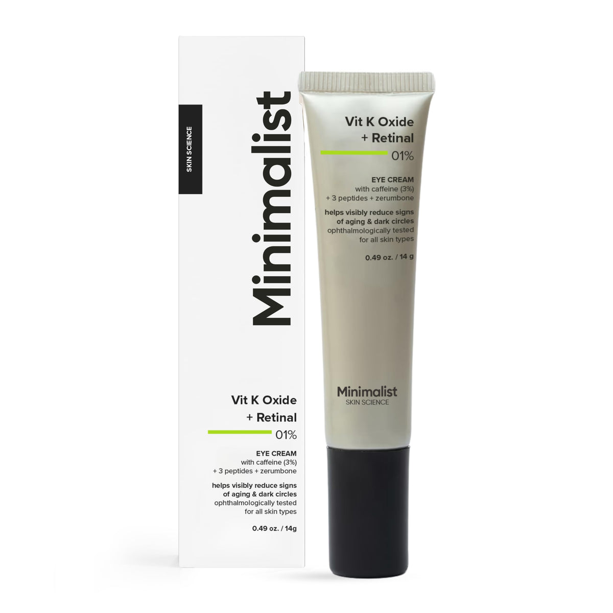 Minimalist eye cream tube front view showing sleek packaging and active blend