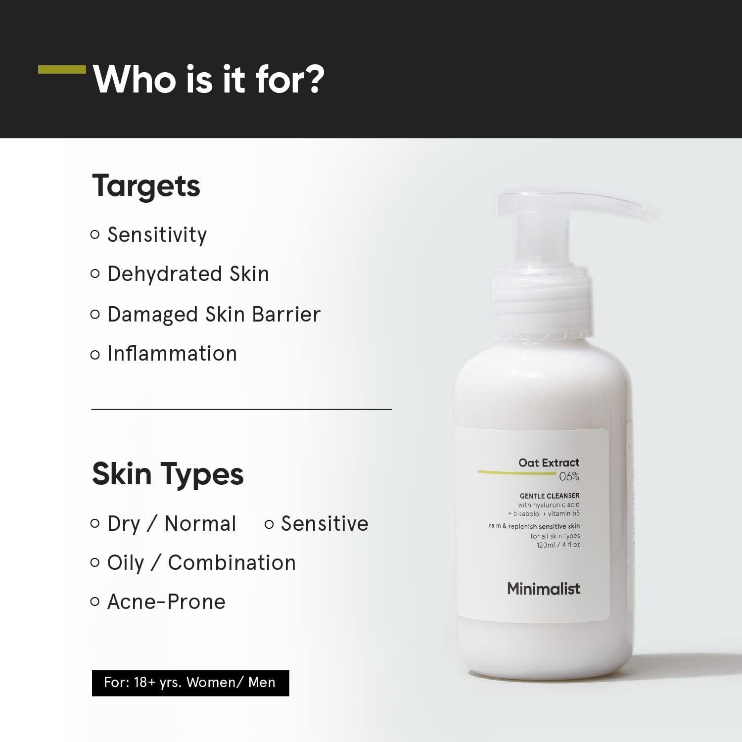 Minimalist face wash pump dispensing gel texture, demonstrates soft lather and hydrating feel