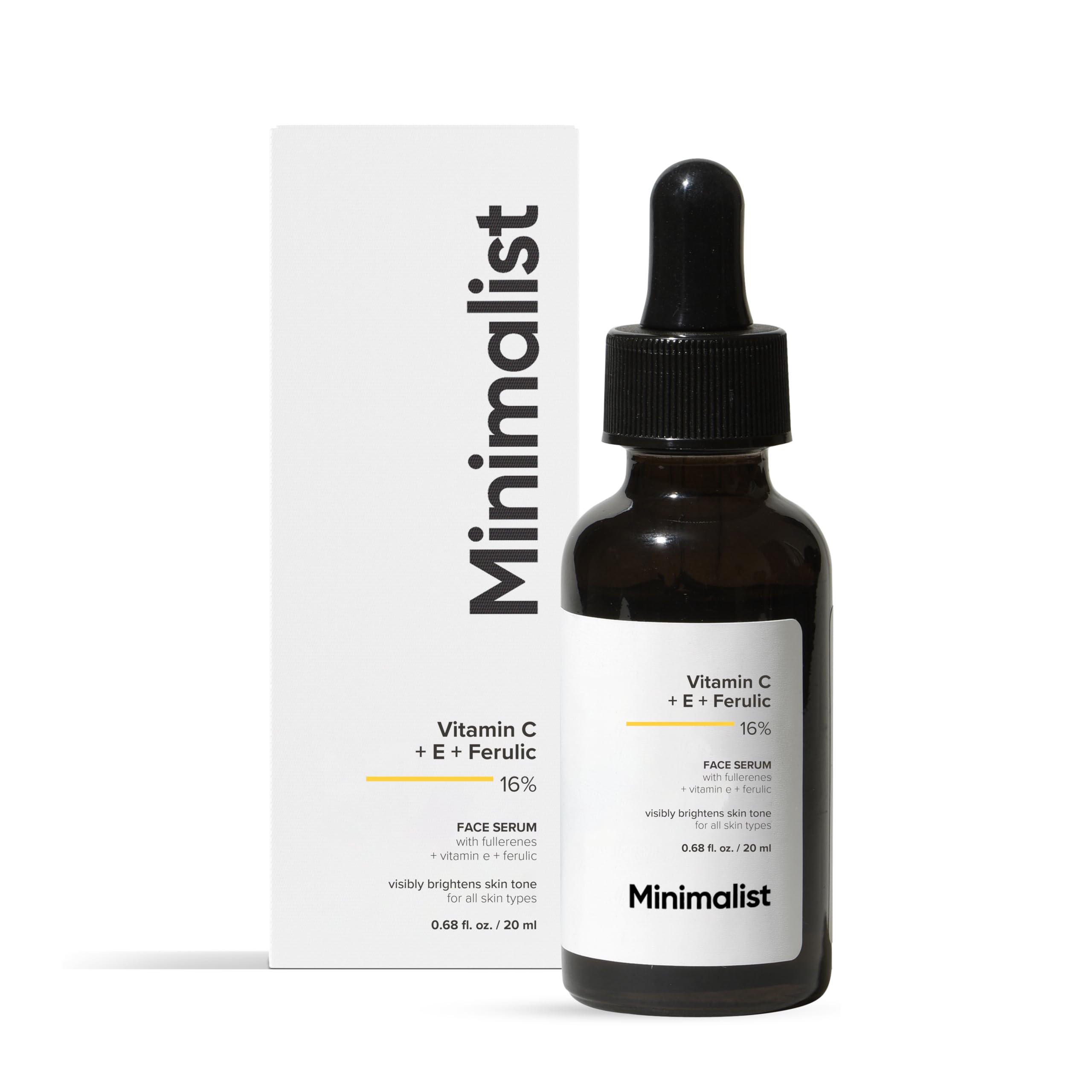 Minimalist front packaging of Vitamin C serum showing brightening benefits