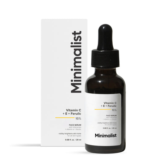Minimalist front packaging of Vitamin C serum showing brightening benefits