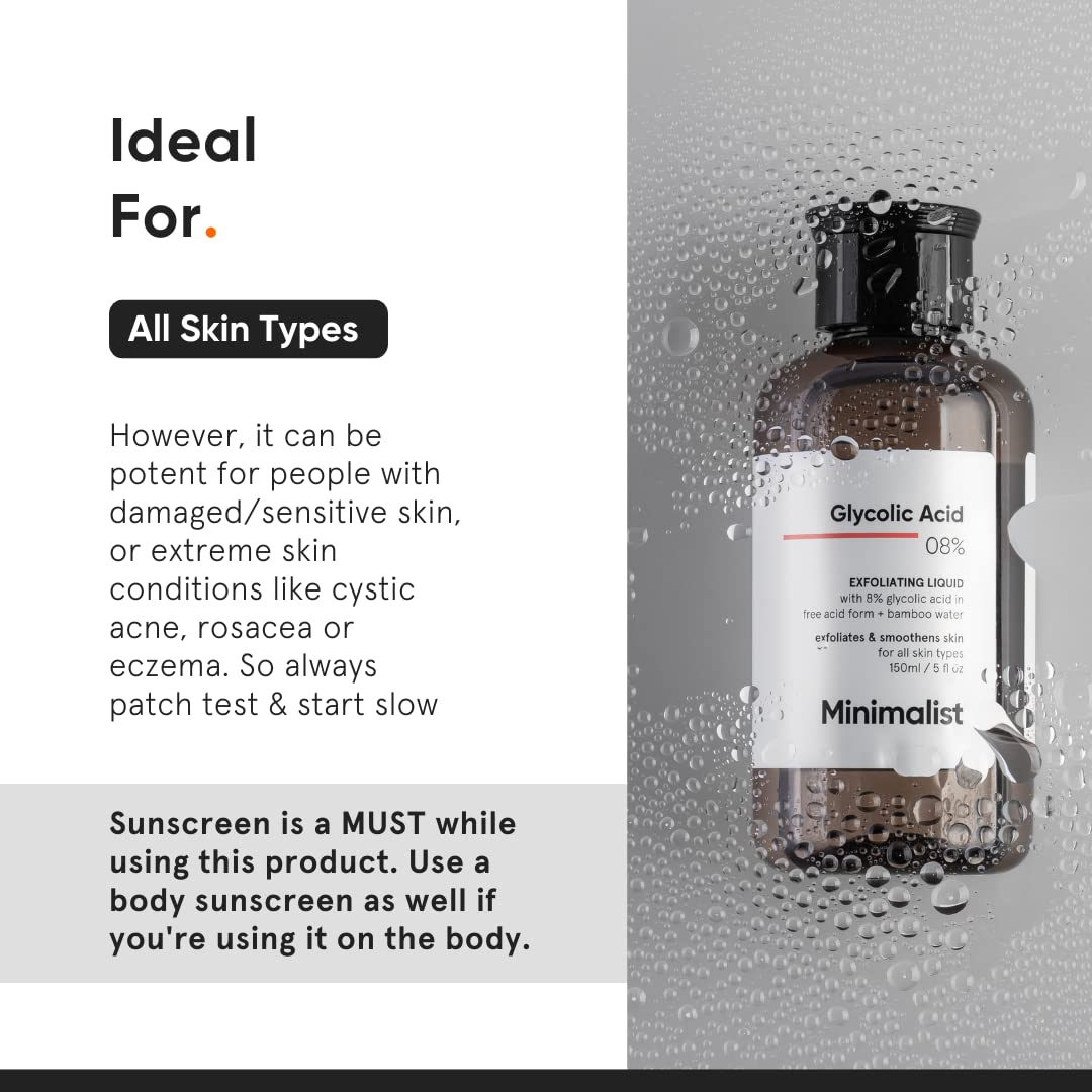 Minimalist label highlighting glycolic acid and bamboo water benefits