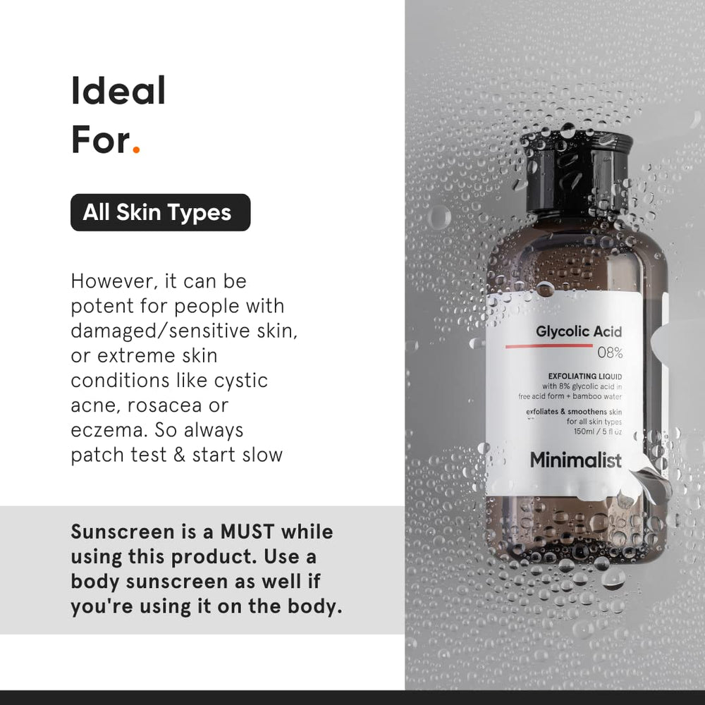 Minimalist label highlighting glycolic acid and bamboo water benefits