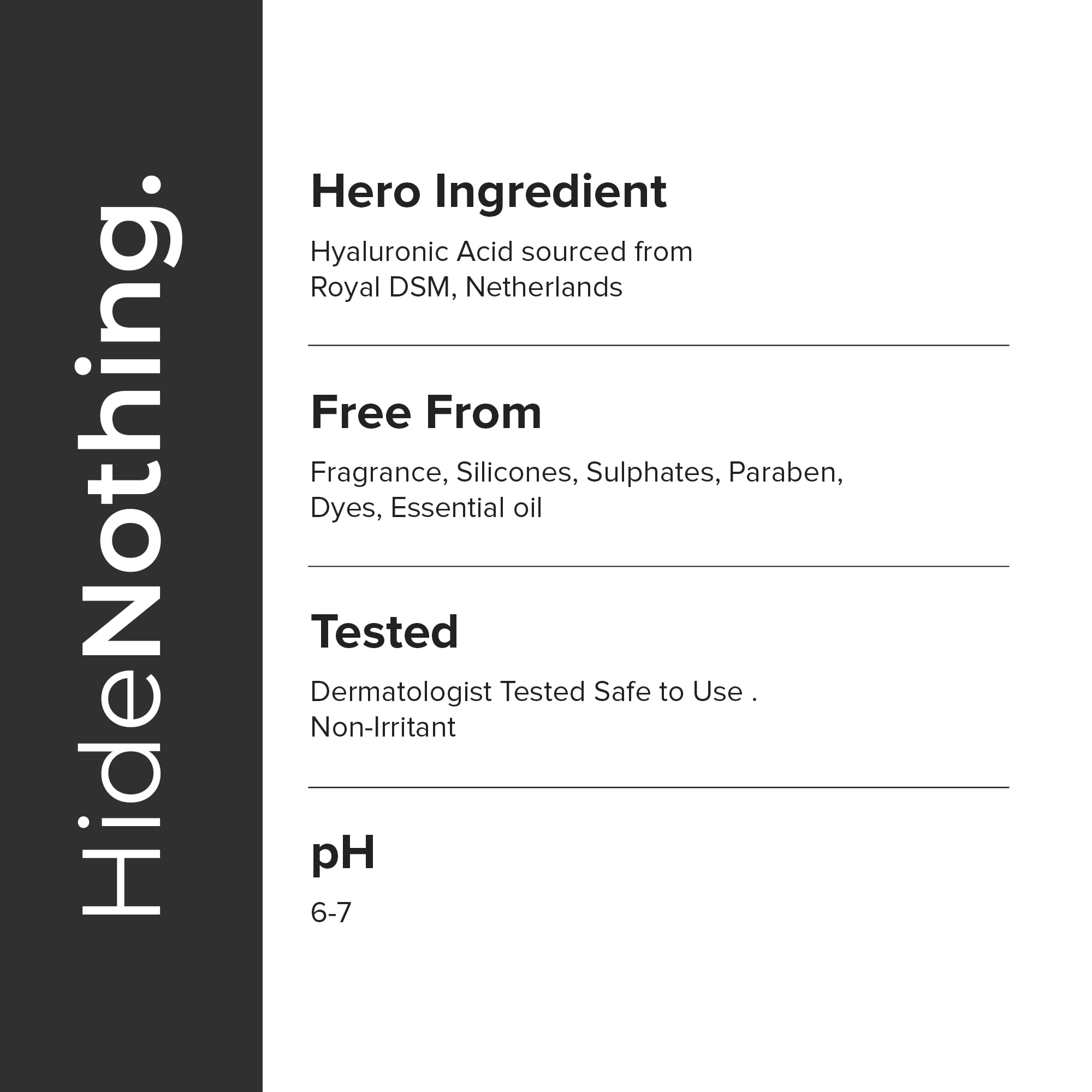 Minimalist ingredient panel showing hyaluronic acid and Vitamin B5, emphasizes clean formulation