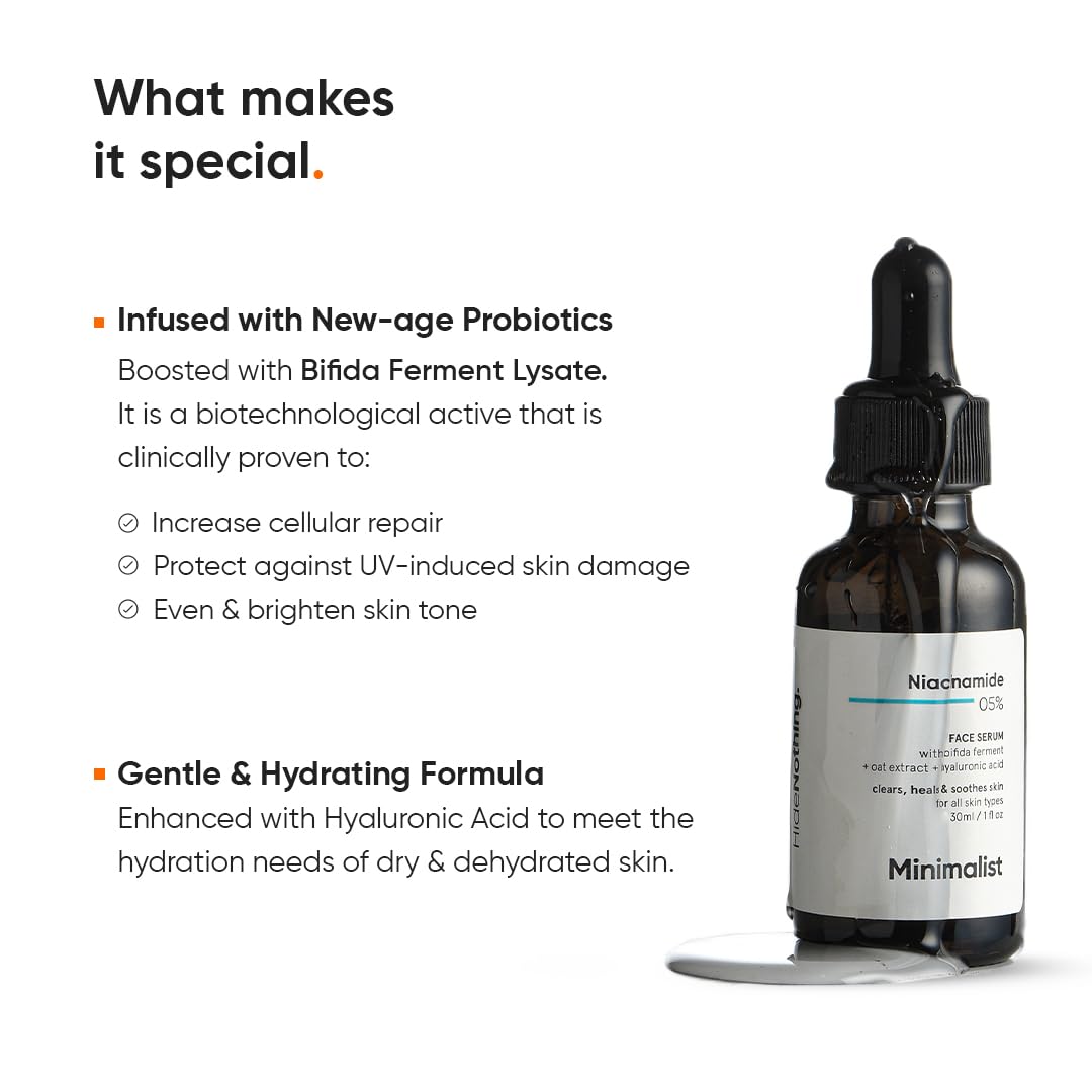 Minimalist ingredient list closeup highlighting niacinamide and hyaluronic acid