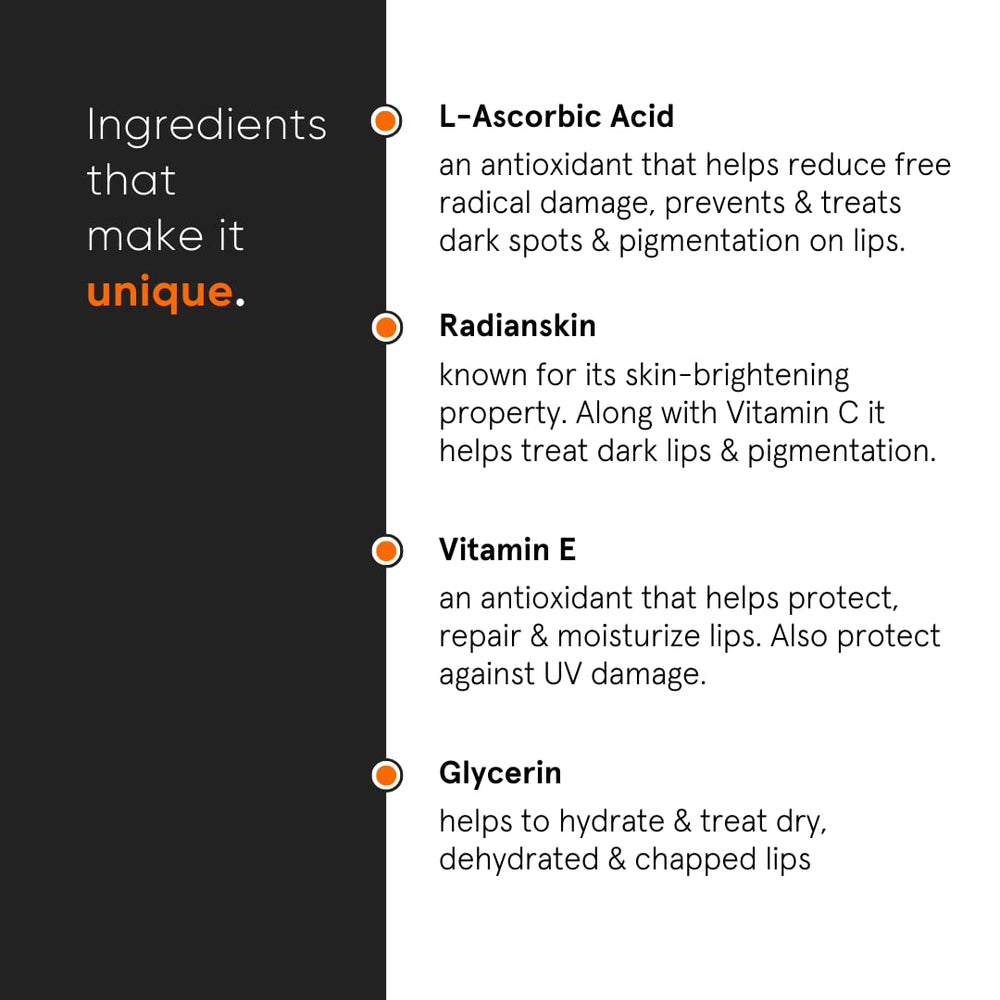 Minimalist ingredient label highlighting L-ascorbic acid and Radianskin benefit