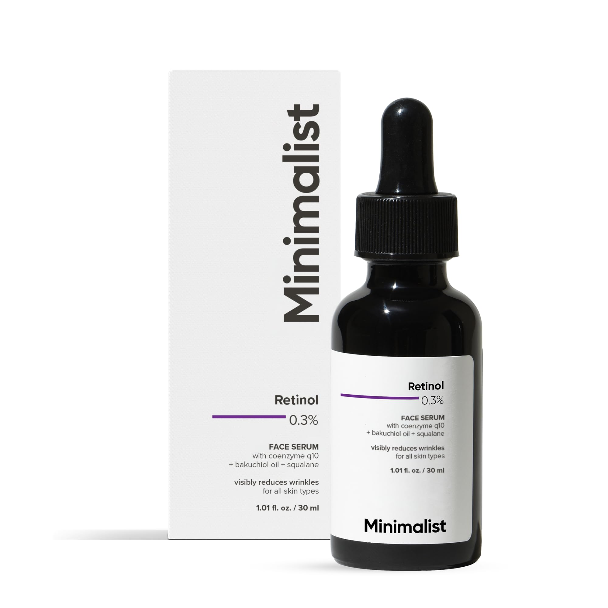 Minimalist front packaging showing 30ml bottle and clear minimal label, clean design benefit